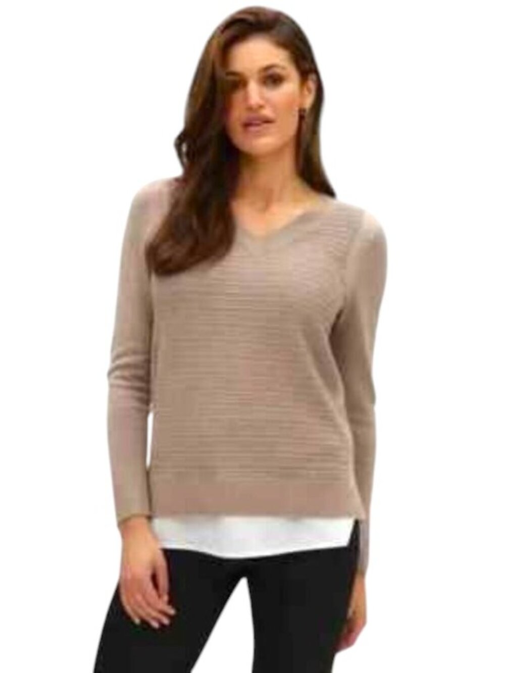 Hilary Radley Women's LS V-Neck Two-Fer Layered Rib Knit Chiffon Sweater Mocha